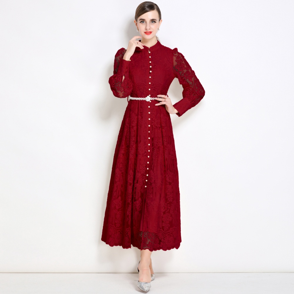 Cstand collar with belt long dress lace pinched waist dress