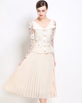 France style pinched waist dress lapel long dress