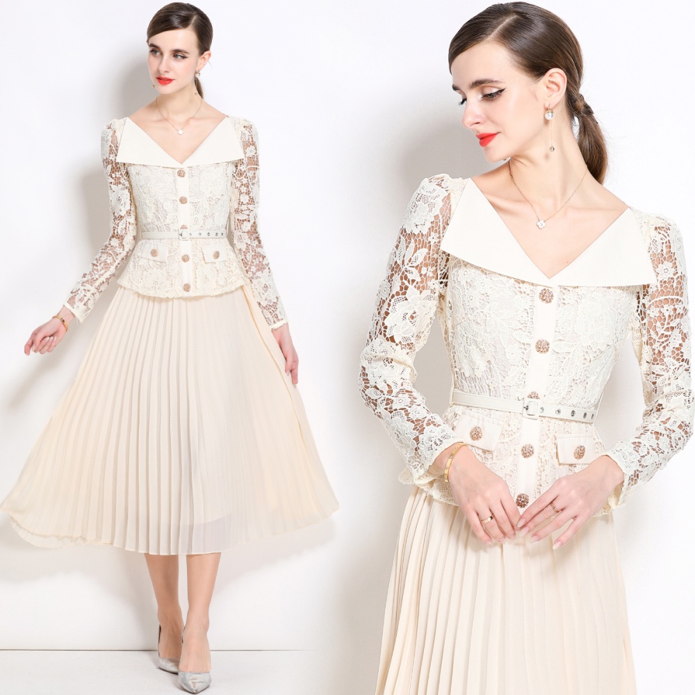 France style pinched waist dress lapel long dress
