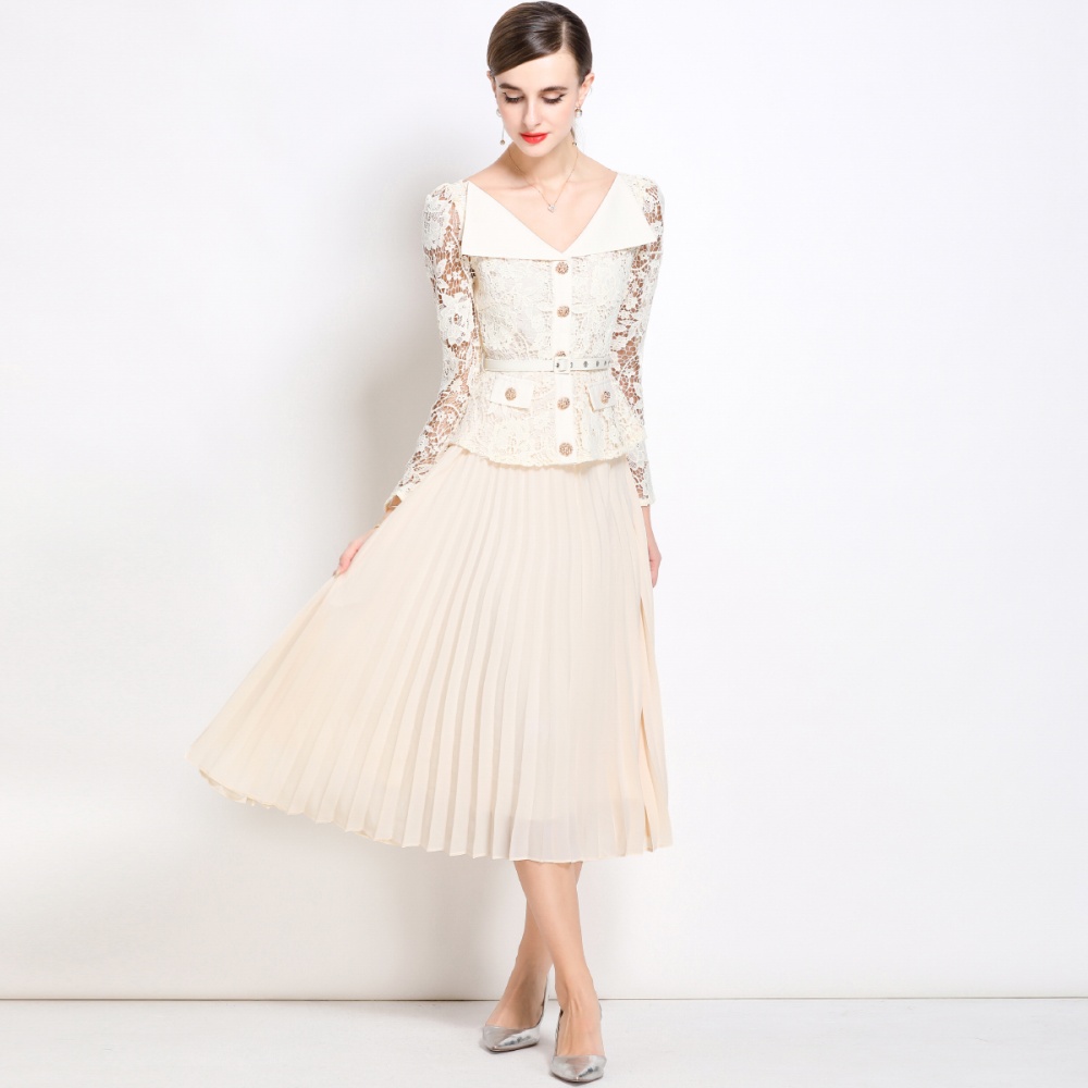 France style pinched waist dress lapel long dress