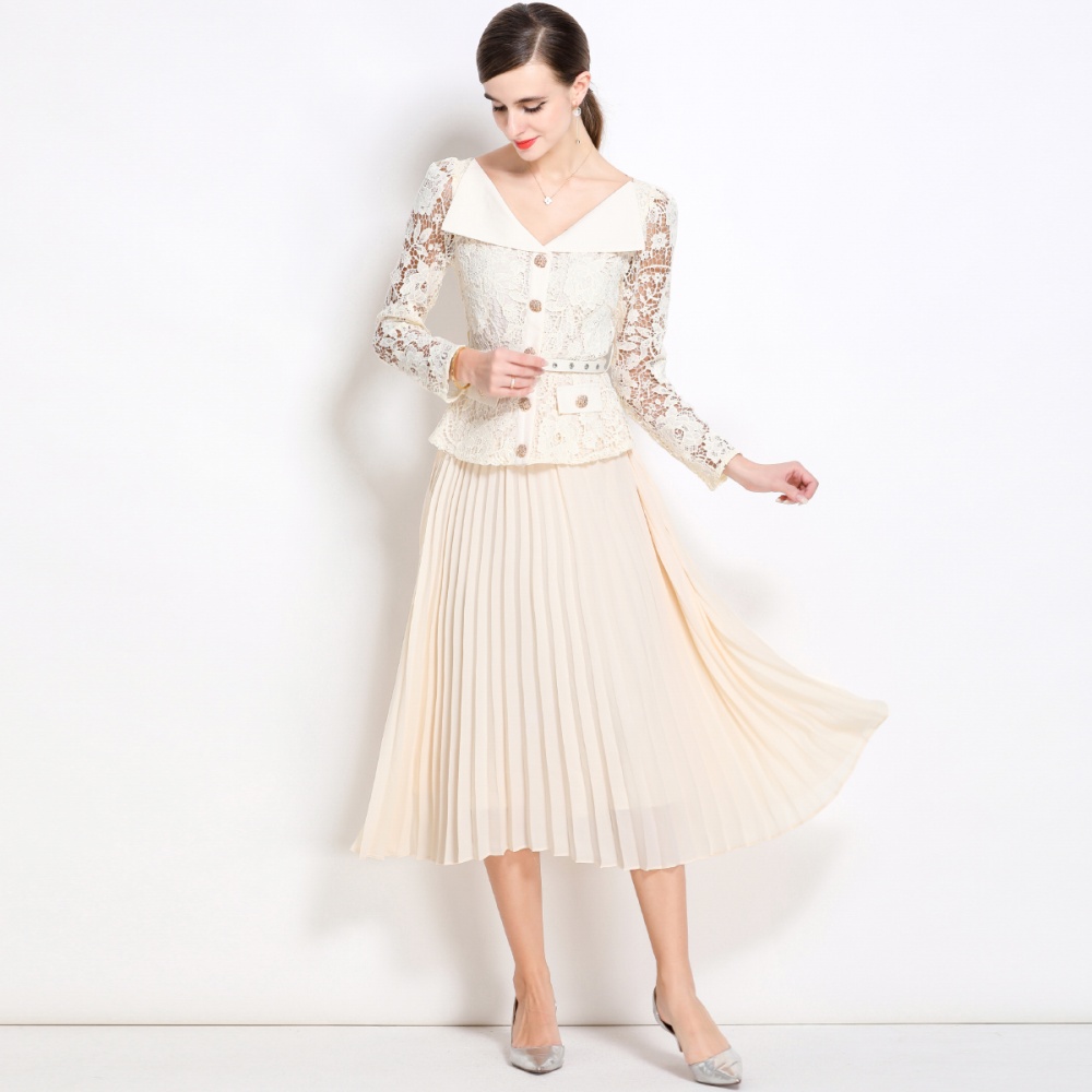 France style pinched waist dress lapel long dress