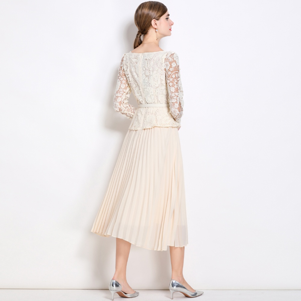 France style pinched waist dress lapel long dress