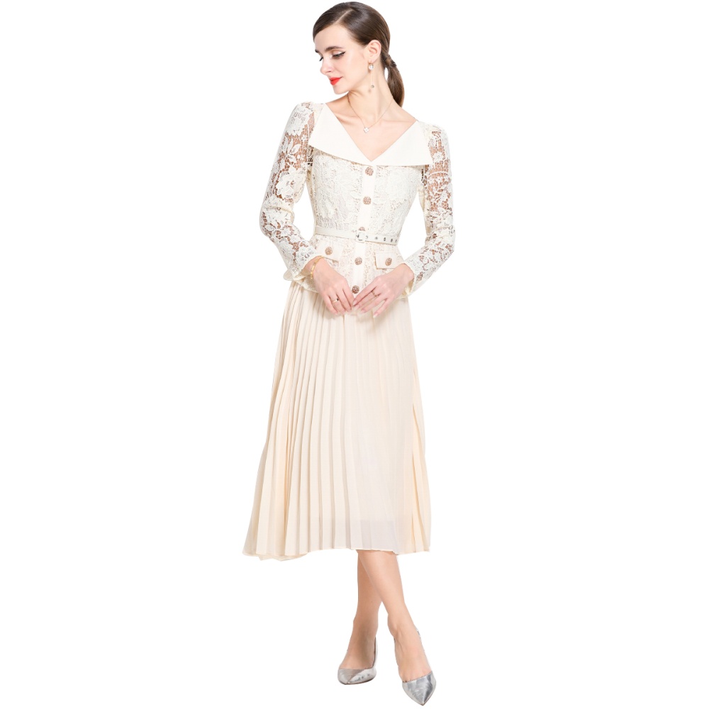 France style pinched waist dress lapel long dress