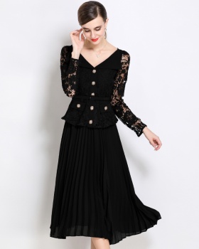 With belt splice long dress France style dress