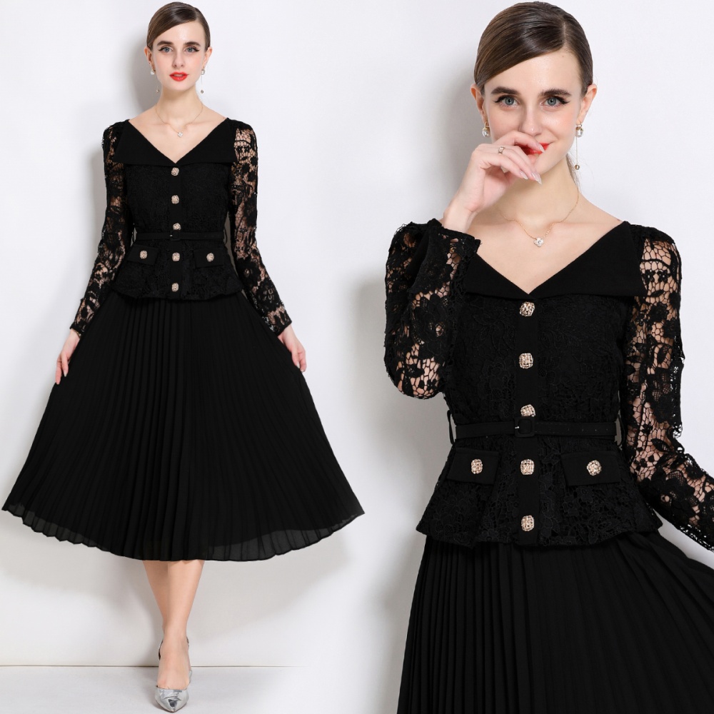 With belt splice long dress France style dress