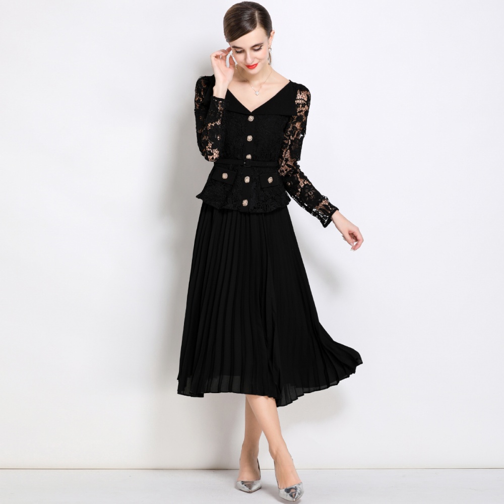 With belt splice long dress France style dress
