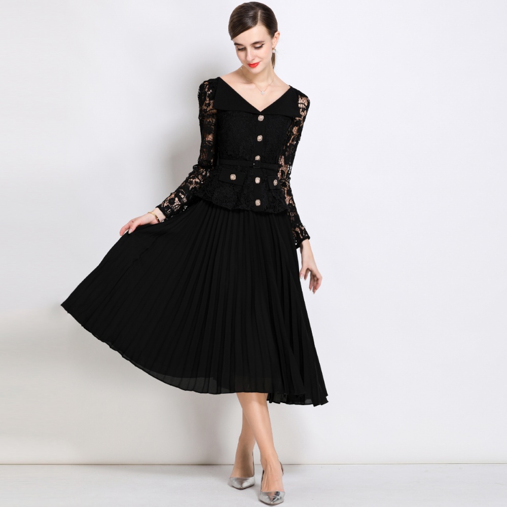 With belt splice long dress France style dress