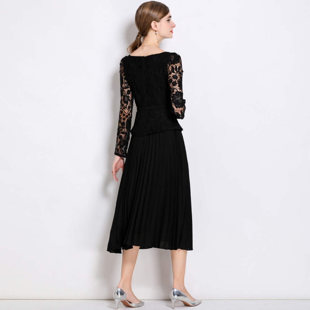 With belt splice long dress France style dress