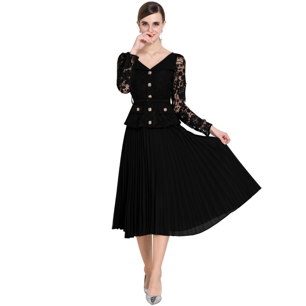 With belt splice long dress France style dress
