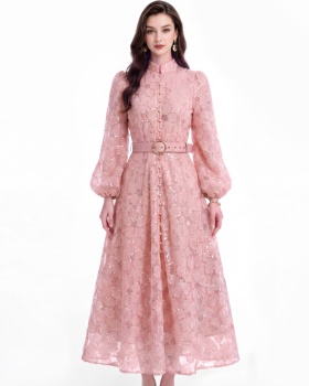 With belt puff sleeve single-breasted cstand collar dress