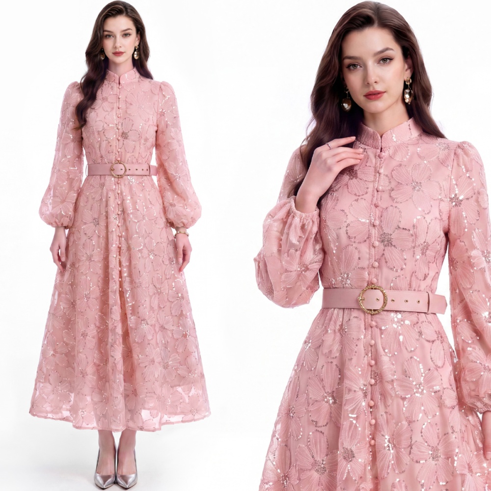 With belt puff sleeve single-breasted cstand collar dress