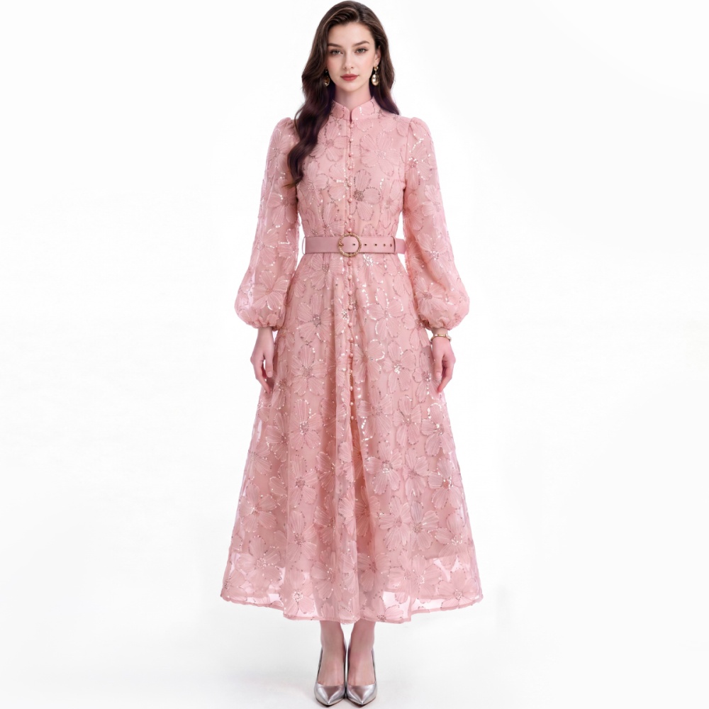 With belt puff sleeve single-breasted cstand collar dress