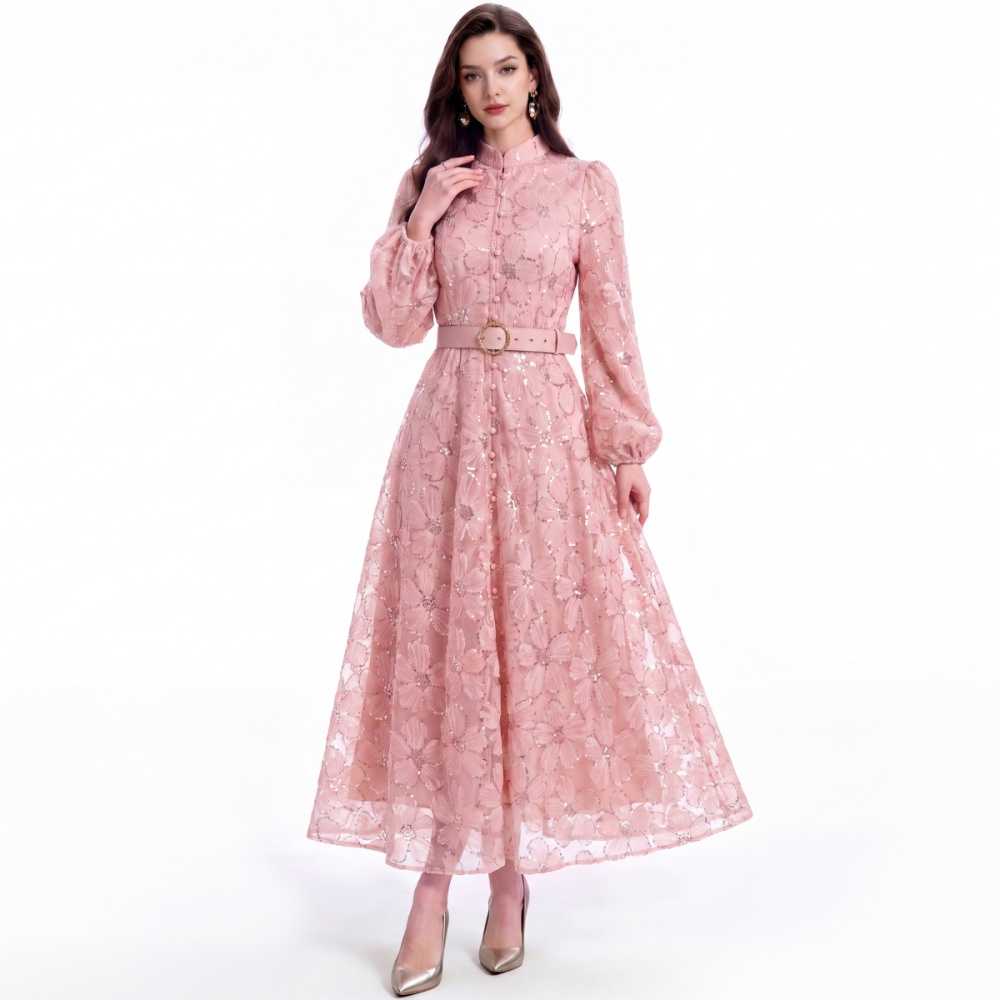 With belt puff sleeve single-breasted cstand collar dress