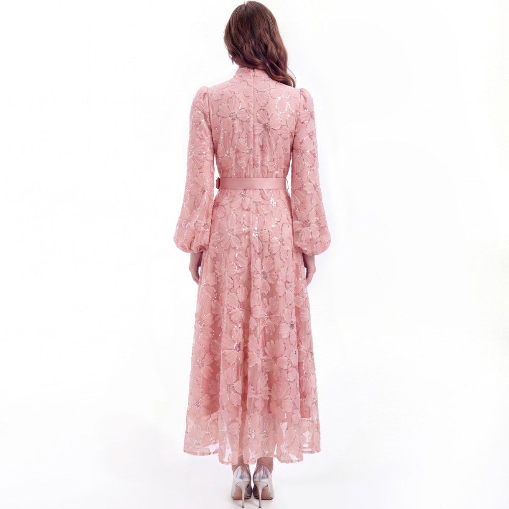 With belt puff sleeve single-breasted cstand collar dress