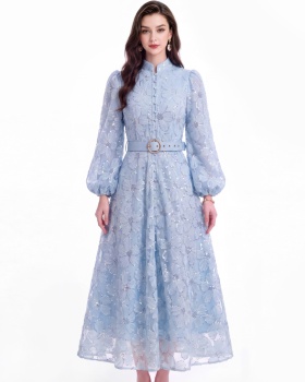 Slim puff sleeve lace tender pinched waist dress