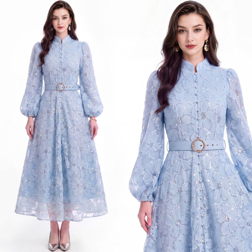 Slim puff sleeve lace tender pinched waist dress