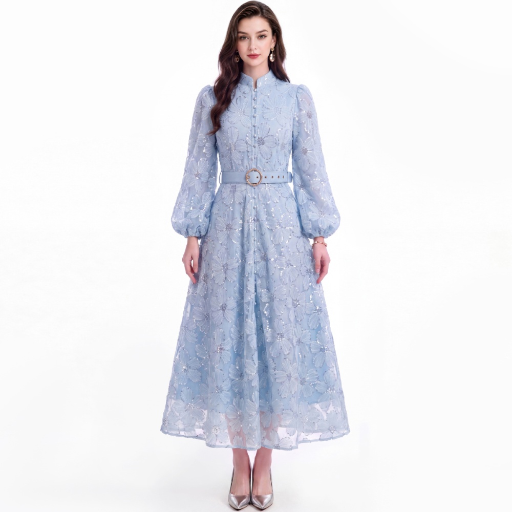 Slim puff sleeve lace tender pinched waist dress