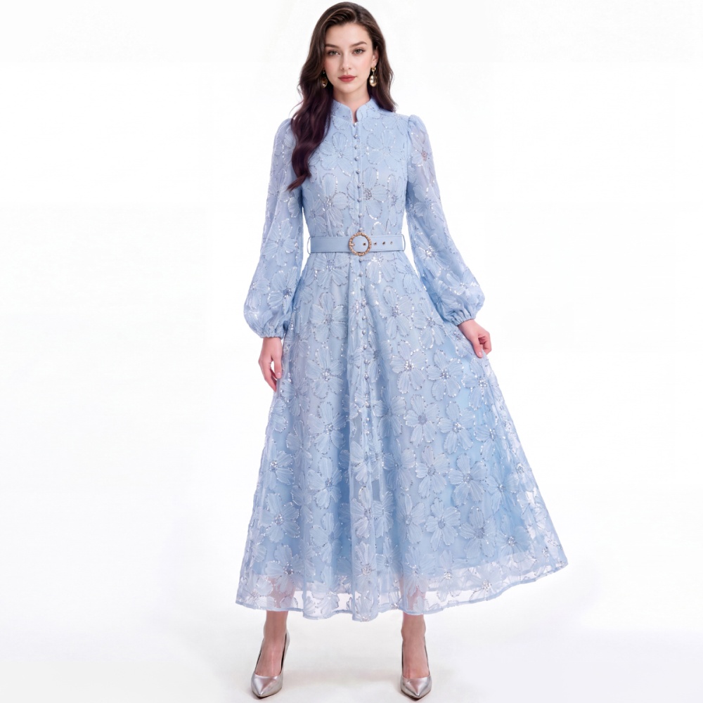 Slim puff sleeve lace tender pinched waist dress