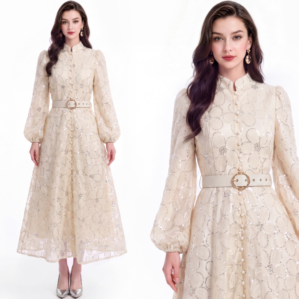 Puff sleeve France style tender with belt dress