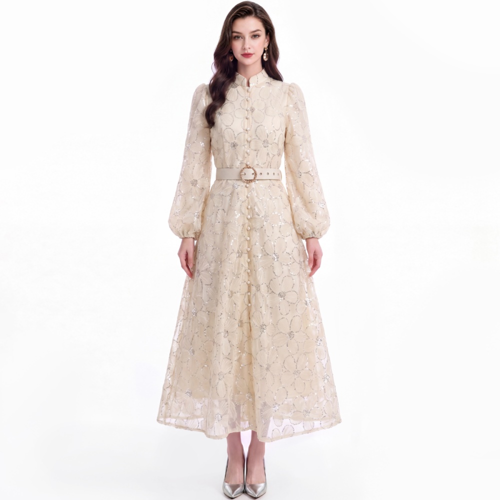 Puff sleeve France style tender with belt dress