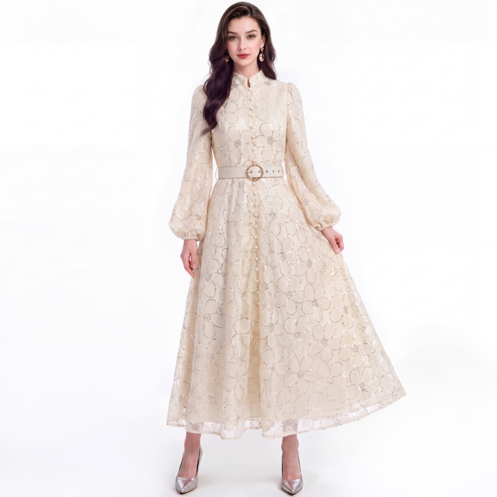 Puff sleeve France style tender with belt dress