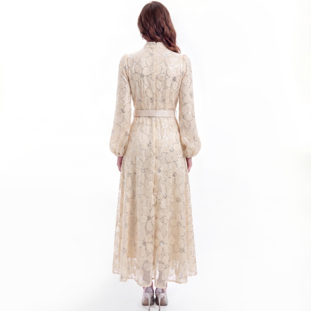 Puff sleeve France style tender with belt dress
