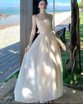 Gauze slim wrapped chest splice long summer dress