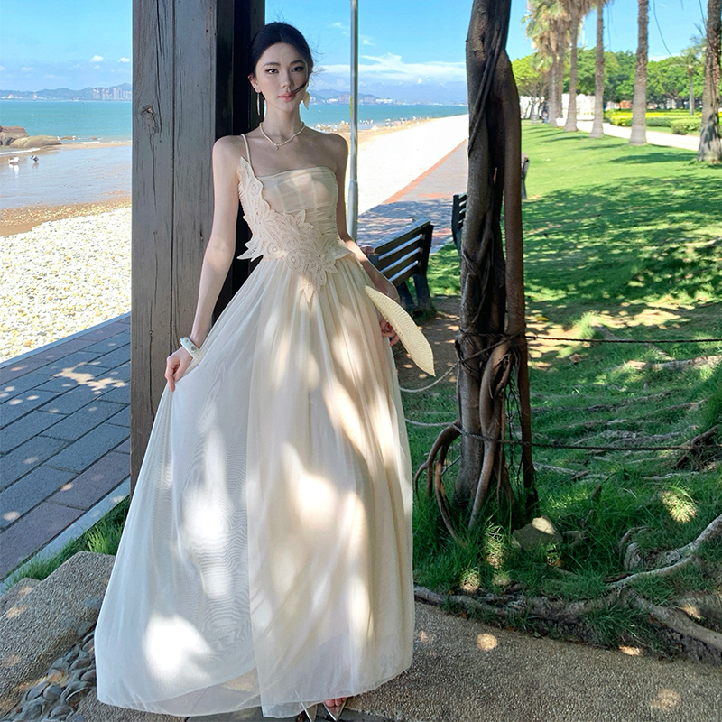 Gauze slim wrapped chest splice long summer dress