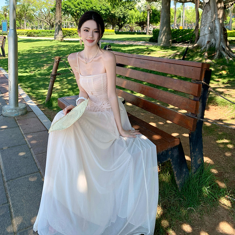 Gauze slim wrapped chest splice long summer dress