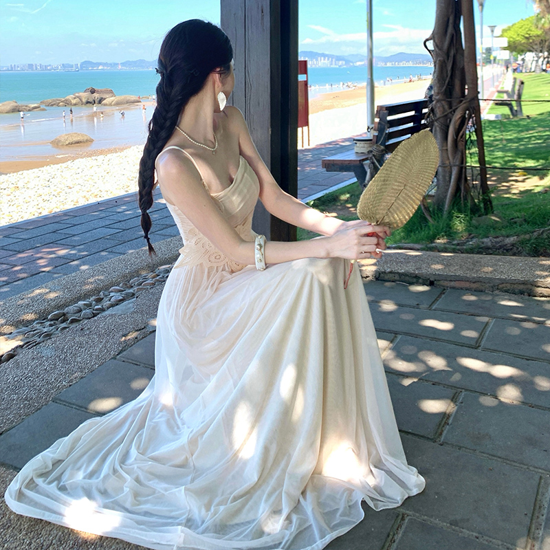 Gauze slim wrapped chest splice long summer dress