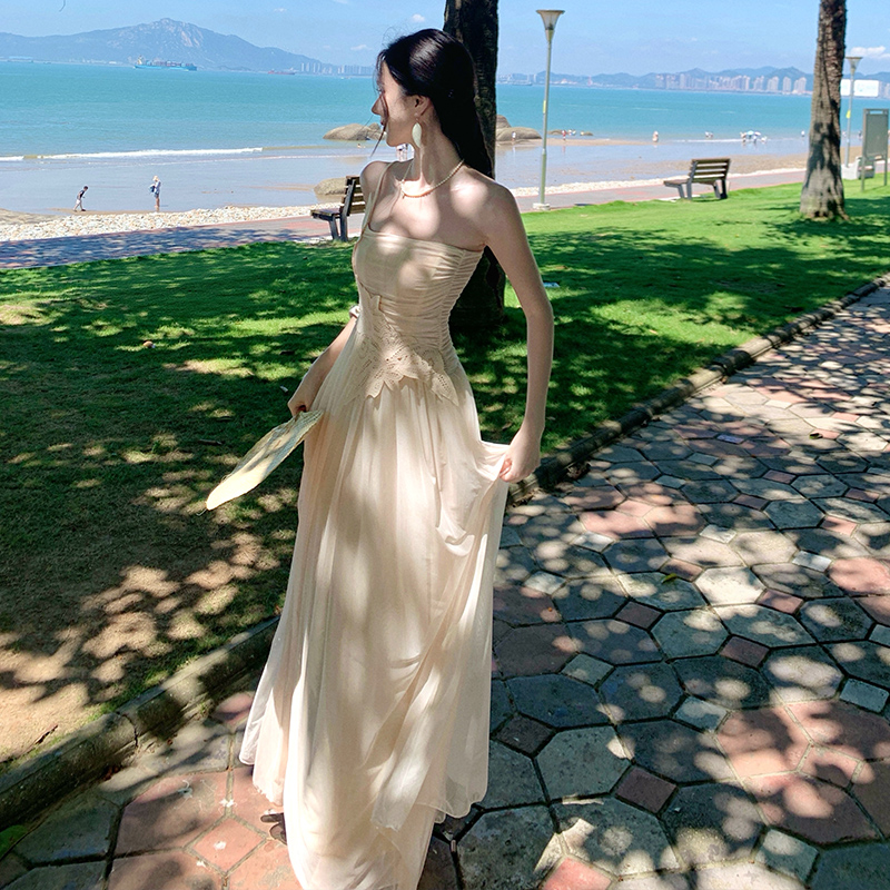 Gauze slim wrapped chest splice long summer dress