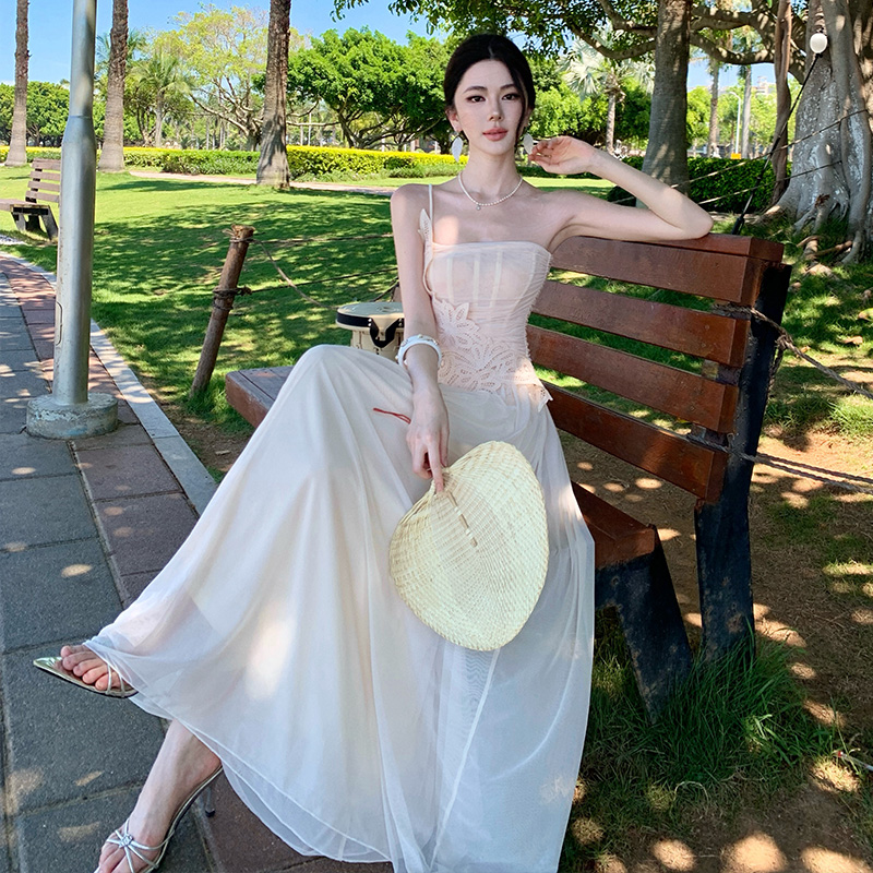 Gauze slim wrapped chest splice long summer dress
