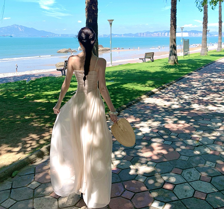 Gauze slim wrapped chest splice long summer dress