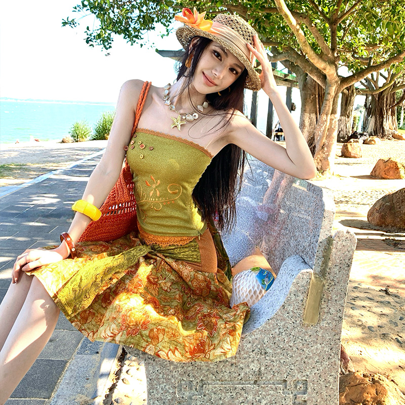Lace short skirt printing cardigan 2pcs set for women