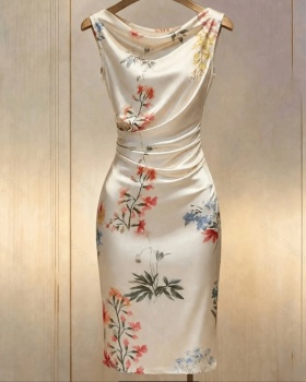Satin fold short flowers pinched waist printing dress