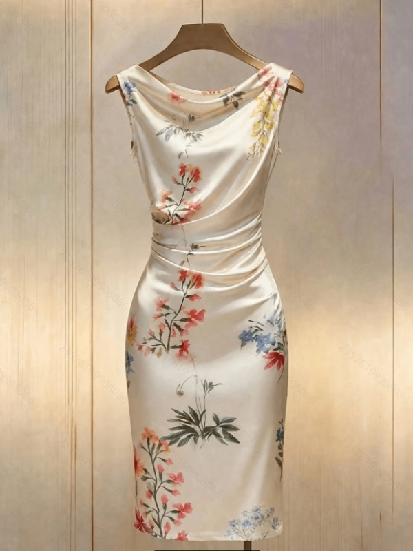 Satin fold short flowers pinched waist printing dress