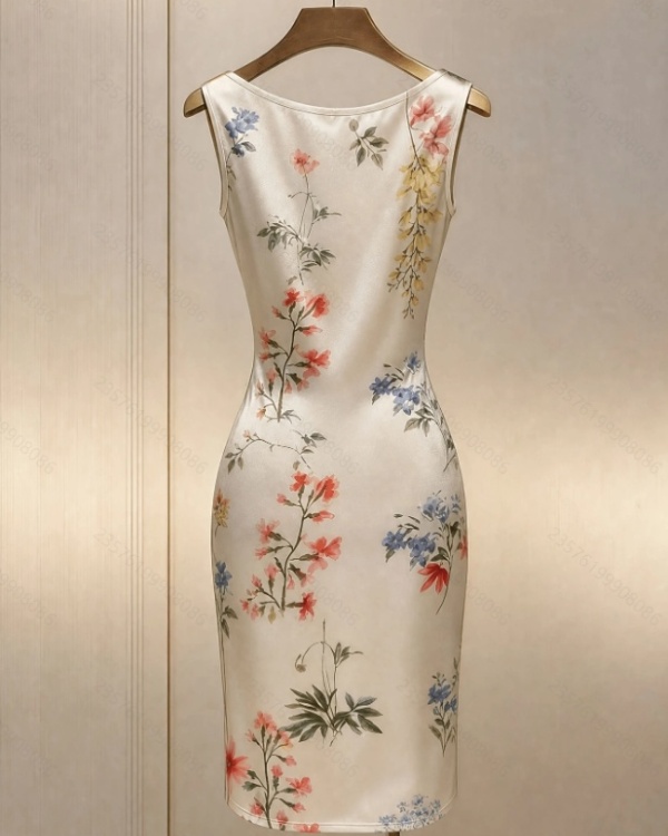 Satin fold short flowers pinched waist printing dress
