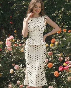 Pinched waist mermaid tops printing polka dot skirt a set