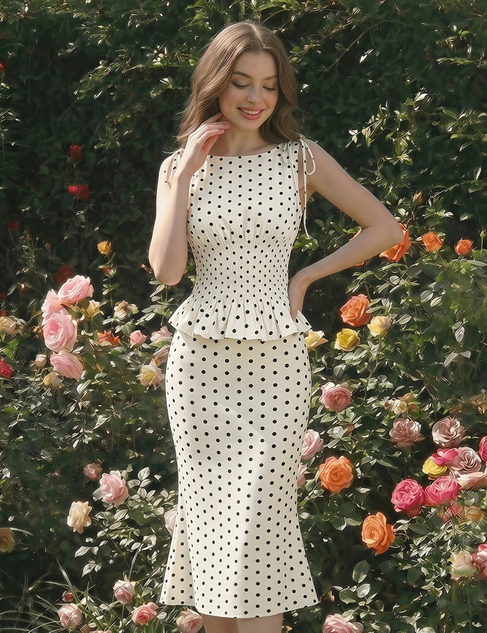 Pinched waist mermaid tops printing polka dot skirt a set