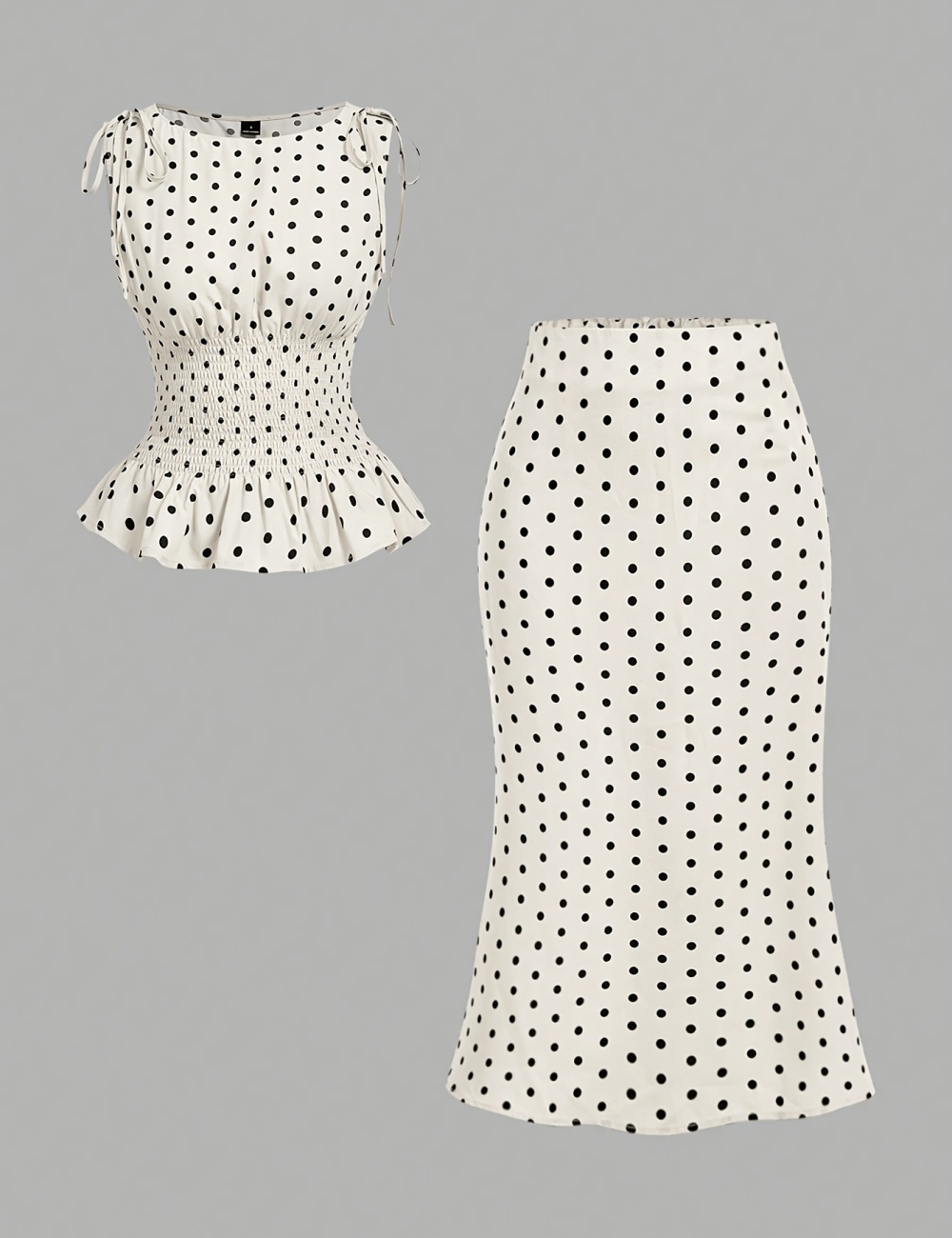 Pinched waist mermaid tops printing polka dot skirt a set