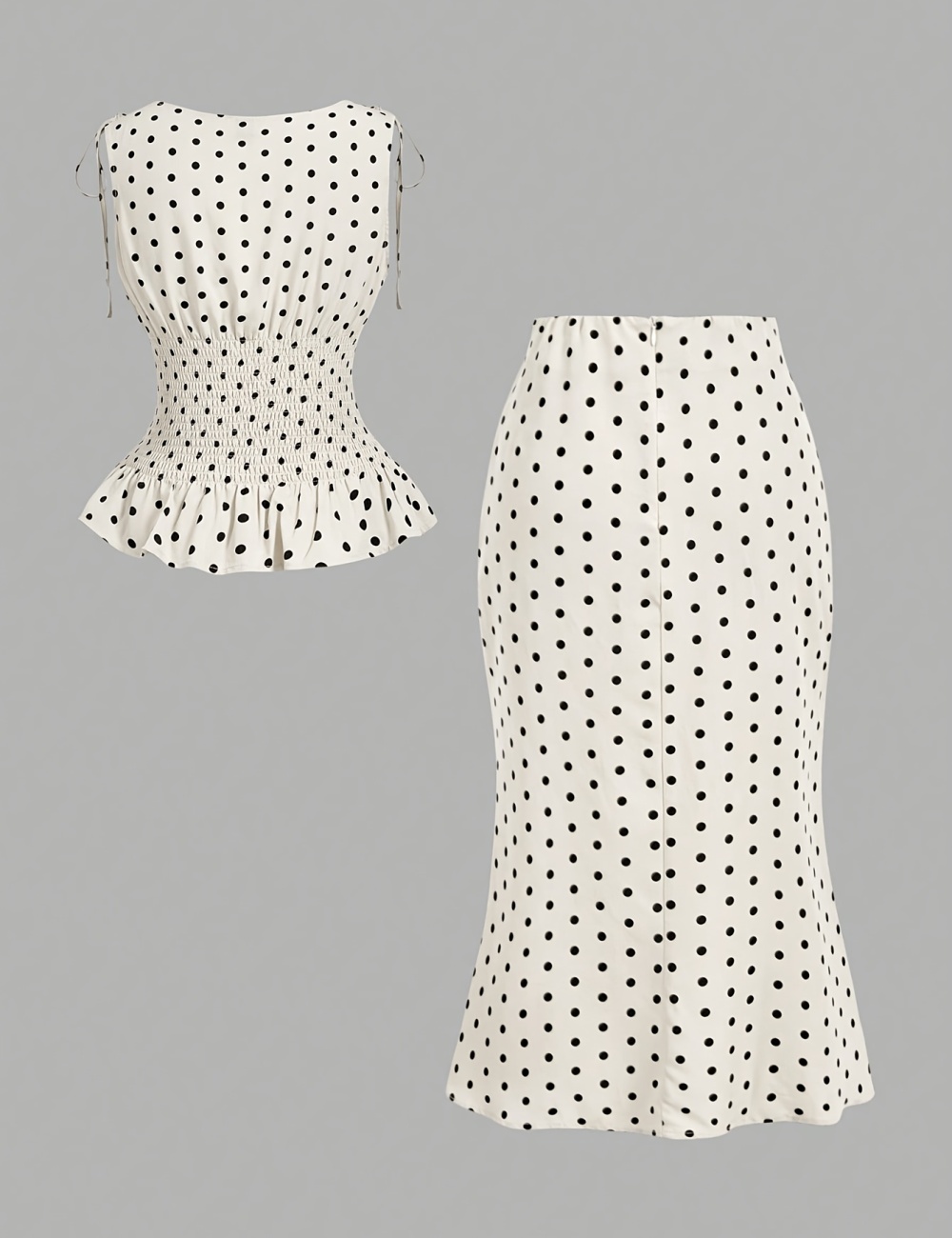 Pinched waist mermaid tops printing polka dot skirt a set