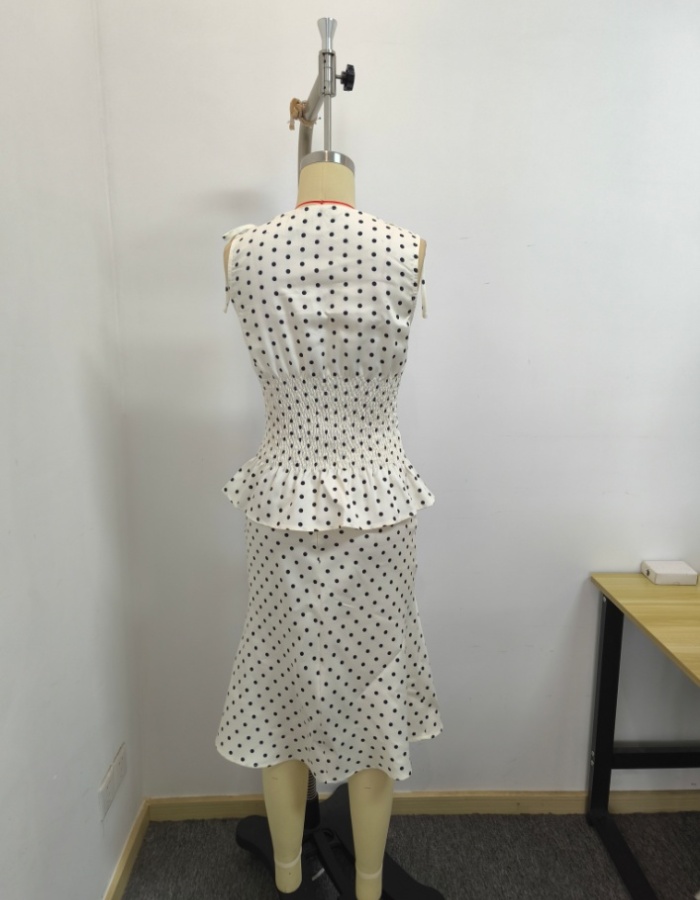 Pinched waist mermaid tops printing polka dot skirt a set