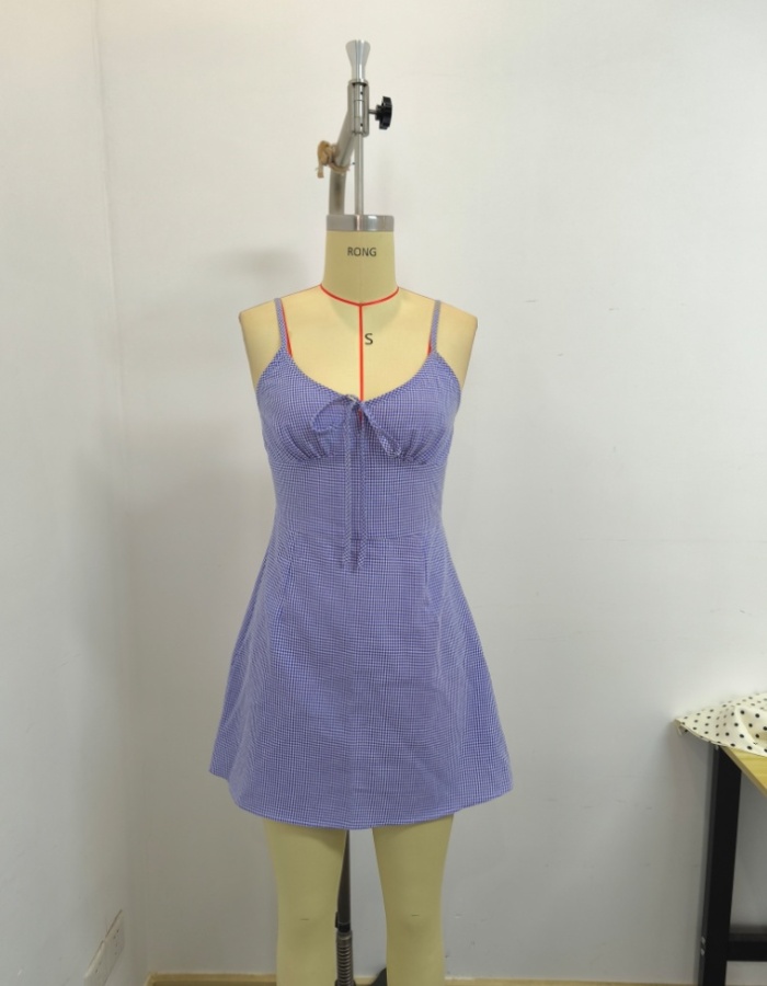 Pinched waist plaid A-line Casual sling frenum dress