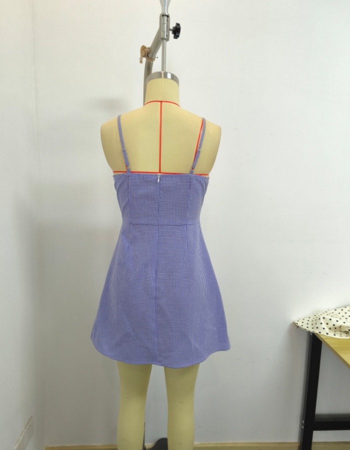 Pinched waist plaid A-line Casual sling frenum dress