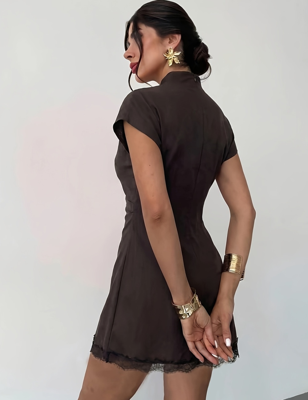 Lace short sleeve fold cstand collar splice A-line dress
