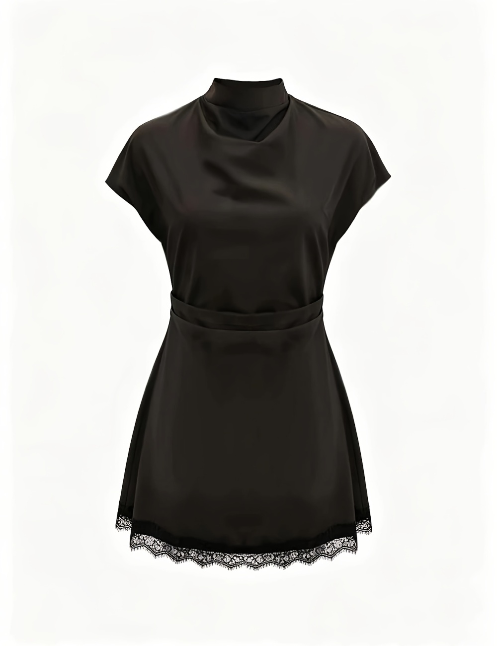 Lace short sleeve fold cstand collar splice A-line dress