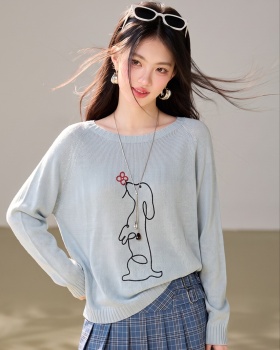 Line knitwear long sleeve tops round neck loose T-shirt