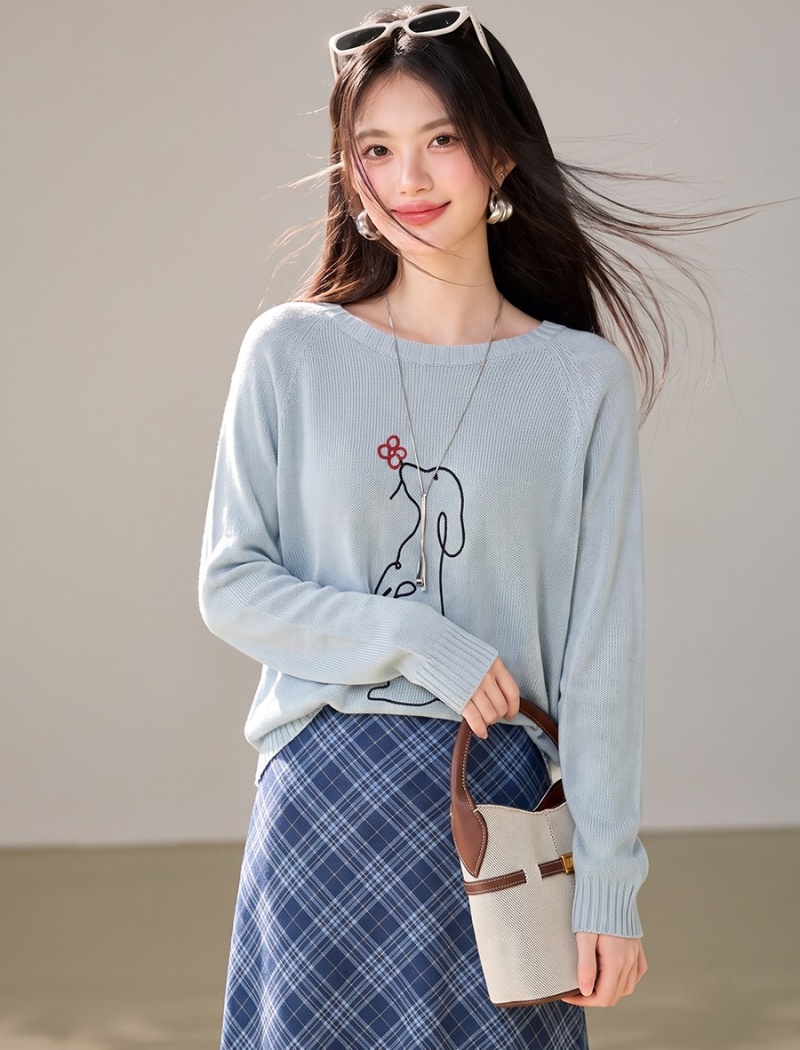 Line knitwear long sleeve tops round neck loose T-shirt