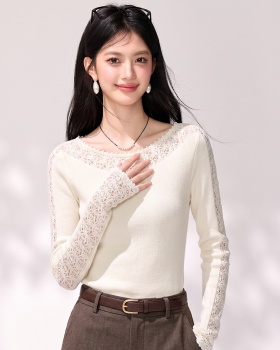 Crochet hollow bottoming sweater horizontal collar wool tops