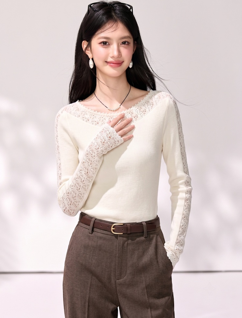 Crochet hollow bottoming sweater horizontal collar wool tops